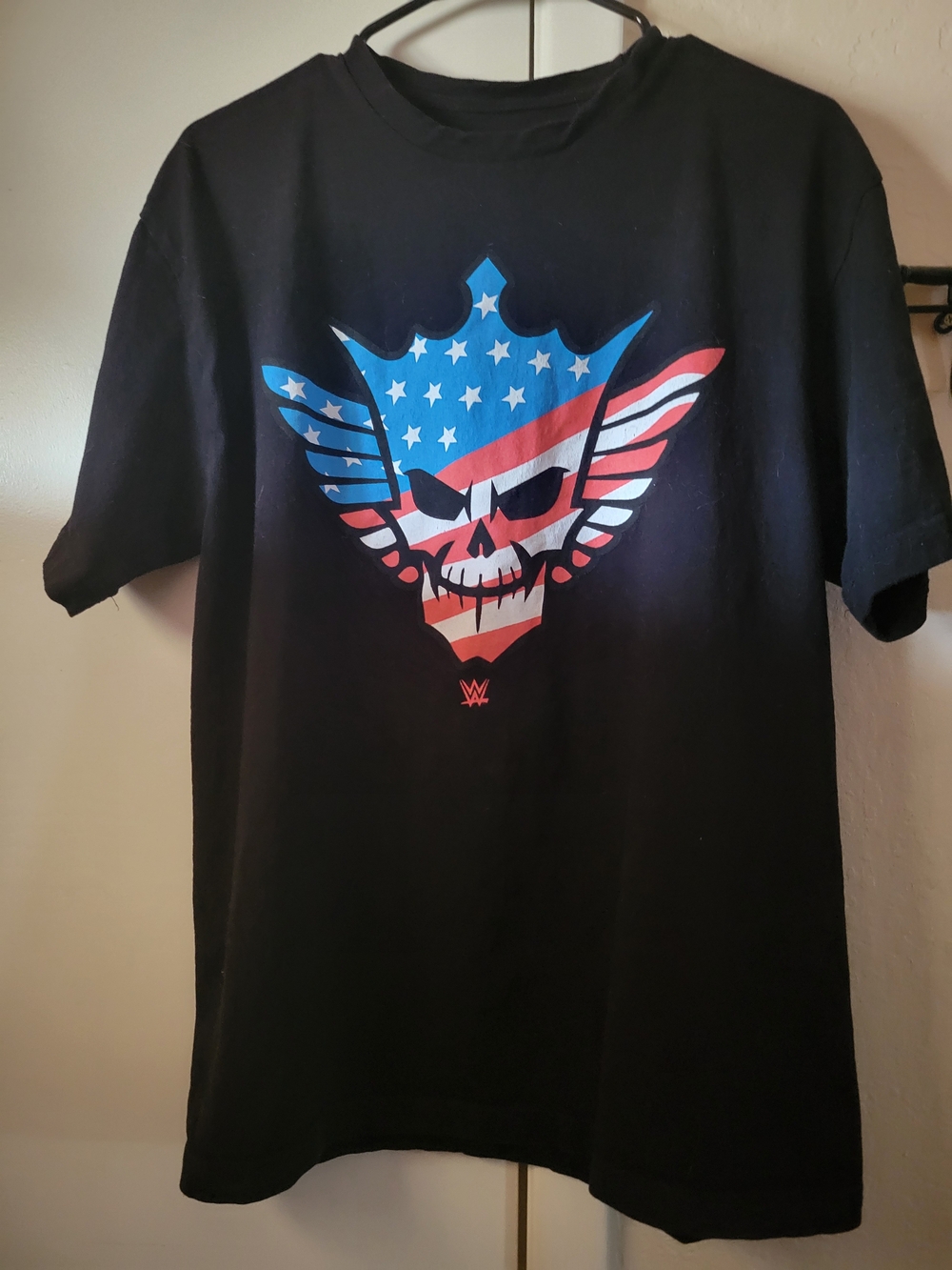 LG Black T-Shirt with Red, White & Blue Skull Graphic. Cody Rhodes